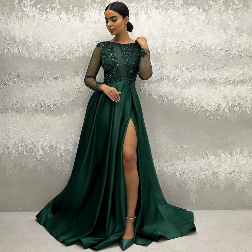 Carolina Saudi Arabia Satin Evening Dresses فساتين سهرة Women's Prom Dresses Boat Neck Split Floor Length Formal Occasion Party