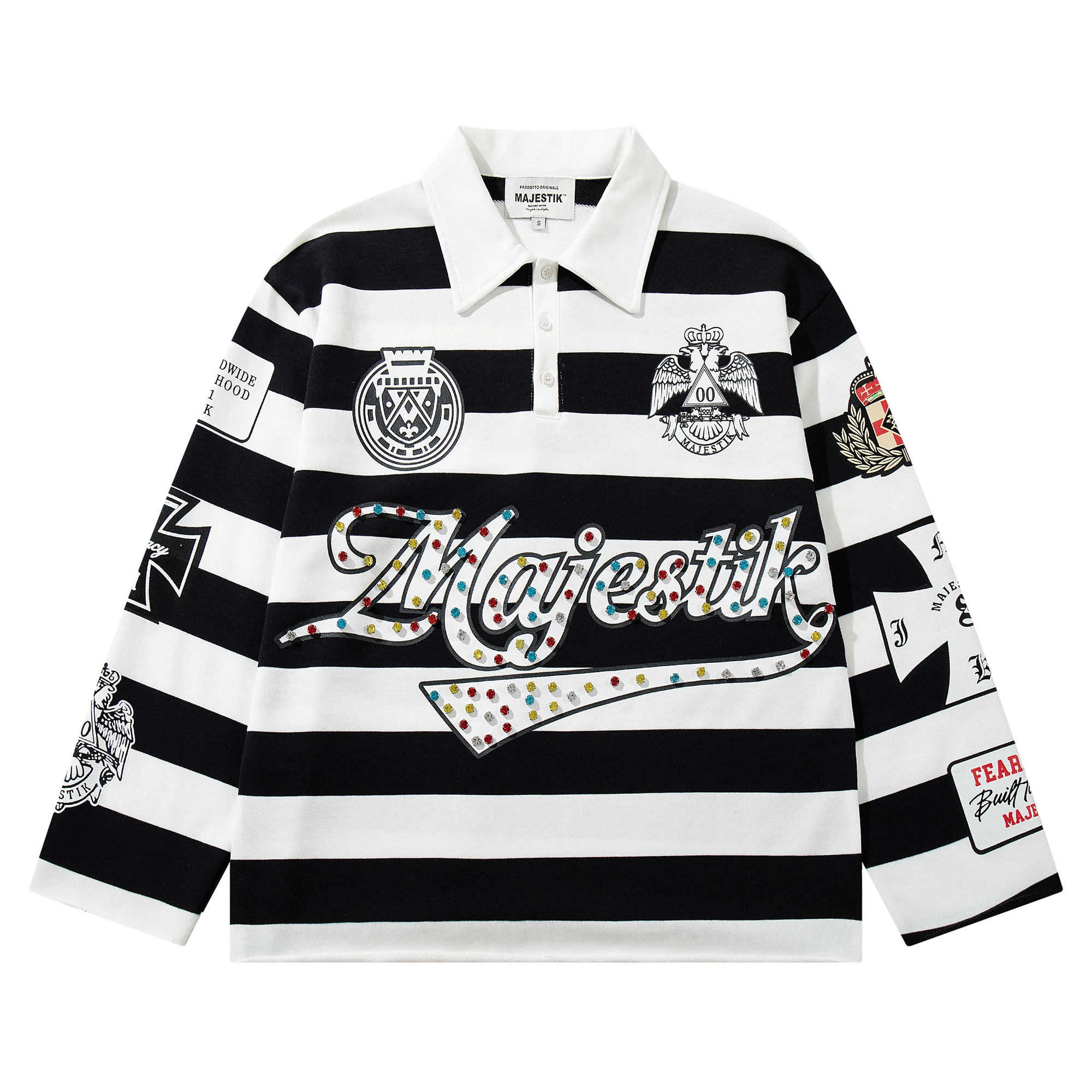 Black White Stripe Long Sleeve Polo Shirt Men Button Down Casual Oversized T-shirt Y2K Streetwear Rhinestone Graphic Tees Top