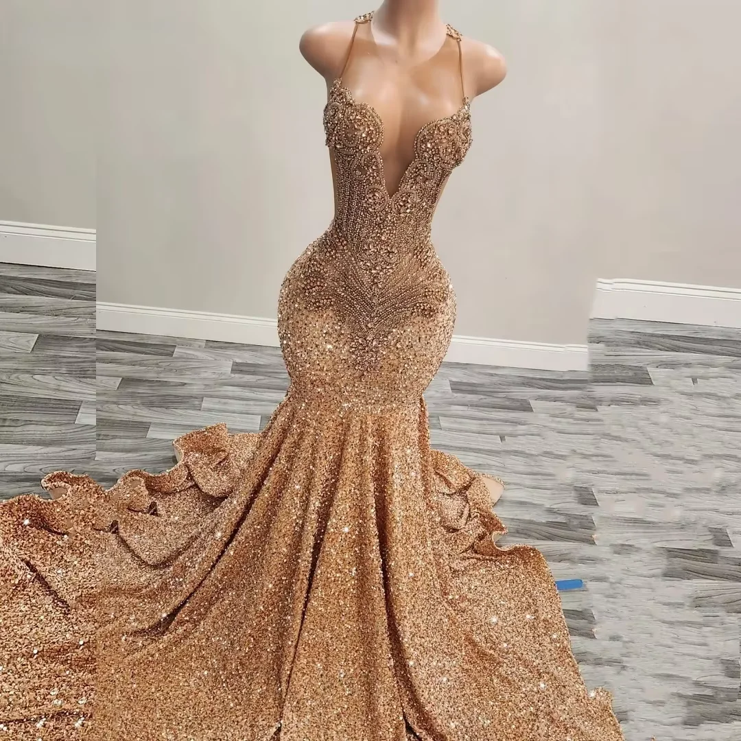 Goldene afrikanische Frauen Meerjungfrau lange Ballkleider 2025, schwarze Mädchen, glitzernde Pailletten, Kristalle, durchsichtiges Party-Abendkleid, individuell gestaltet