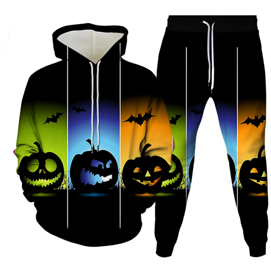 Holloween Punk Style Clothes Suit Pumpkin Lantern Skull Moon Print Men Hip Hop Tracksuit Women Fashion Hoodies+Trousers 2PcSets