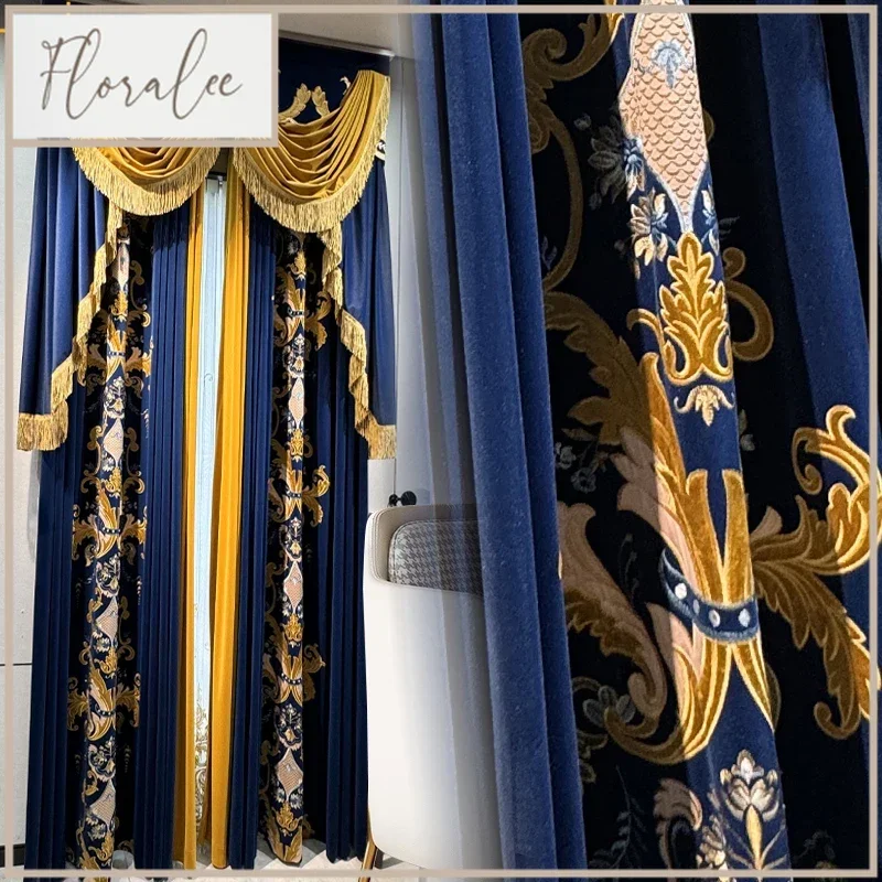 Customized Embroidered Screen Jacquard Sapphire Blue Flannelette Patched Curtains For Living Room Bedroom Window Balcony Villa