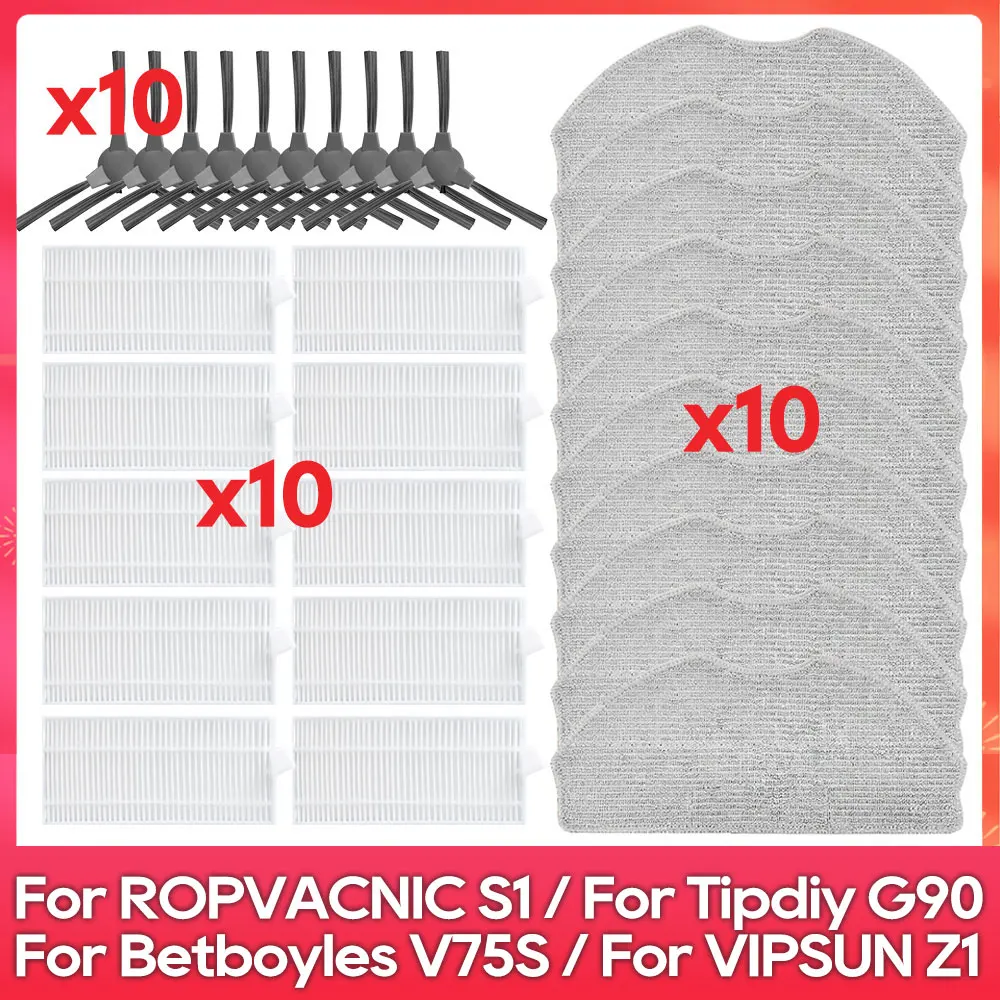 Совместимо с ( ROPVACNIC S1 / Tipdiy G90 / Betboyles V75S / VIPSUN Z1 ) - Запчасти и аксессуары: Боковая щетка, Фильтр, Тряпка для швабры, Комплект для робота-пылесоса