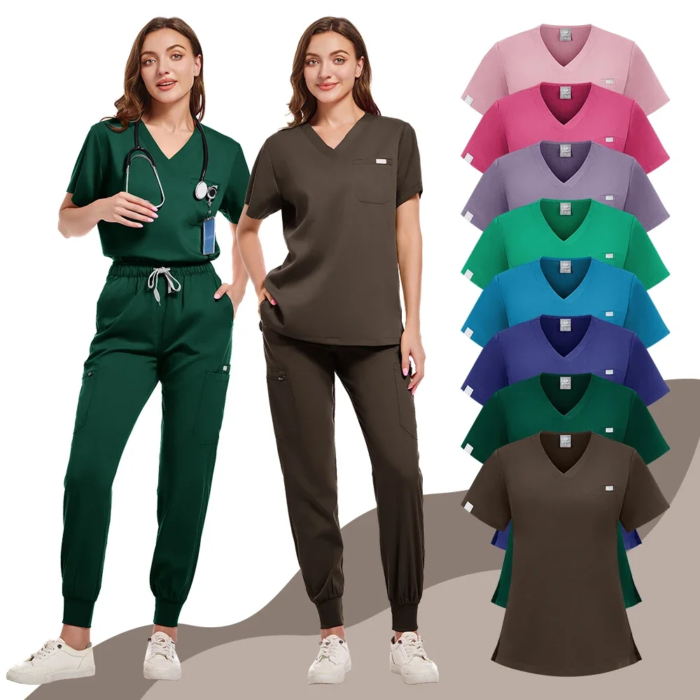 Solid color stretch fabric sleeve frosted suit top  pants Jogger Dental pharmacy lab operating room overalls medical uniforms