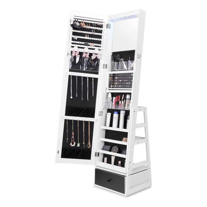Mirror Jewelry Cabinet, 360° Swivel Standing Mirror with Storage, Lockable Jewelry Mirror Organizer with Full Length Mirror, Velvet Lining, LED Light, Drawer, Freestanding Jewelry Armoire, White