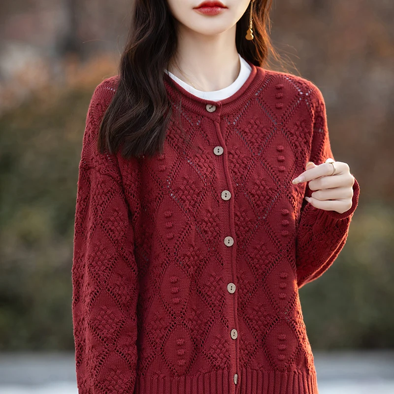 Women's Cardigan Spring/Autumn 100% Cotton Knitwear Casual Ladies' Tops Single-breasted Sweater Jacket Round Neck Hollow Blouse