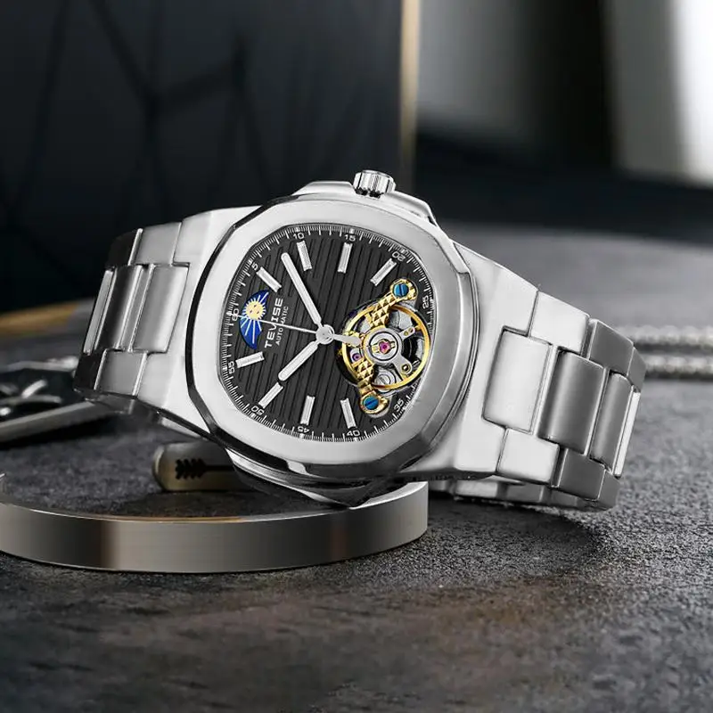 TEVIS high-end Men's Large Retro Square Dial Automatic Mechanical Watch with Transparent Case Stainless Steel Strap And Alloy Case