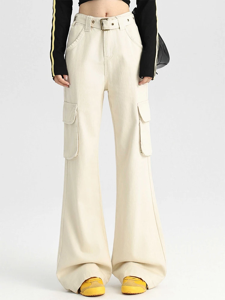 

2025 Autumn Winter Women's American Retro Cargo Denim Flare Pants Bell Bottom Slim Jean Y2k 2000s Harajuku Gyaru Stacked Jeans