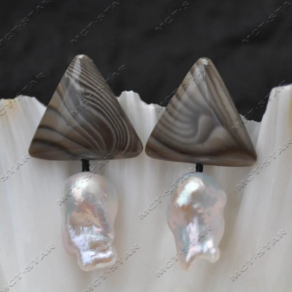 MTC·STAR 26mm Triangle Gray Banded Agate White Baroque Reborn Keshi Pearl Dangle Earring 925silver (Z14336) Earrings