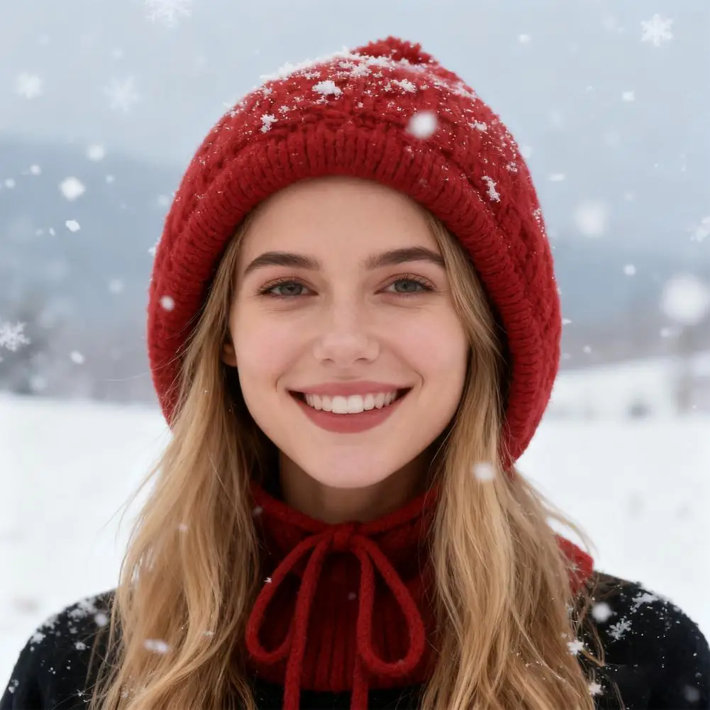 Soft Knitted Hat Women Winter Hat Women’s Knitted Winter Hat with Drawstring Warm Hooded Scarf Balaclava Outdoor for Fall