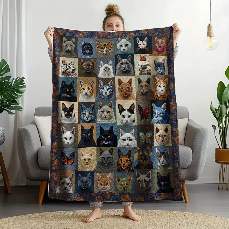 Vintage Kätzchen-Blumen-Patchwork-Decke, warm, gemütlich, für Bett, Reisen, Büro, Geschenk, Kätzchen-Decke, Tagesdecke, Zubehör, Fantasy-Themen-Dekor