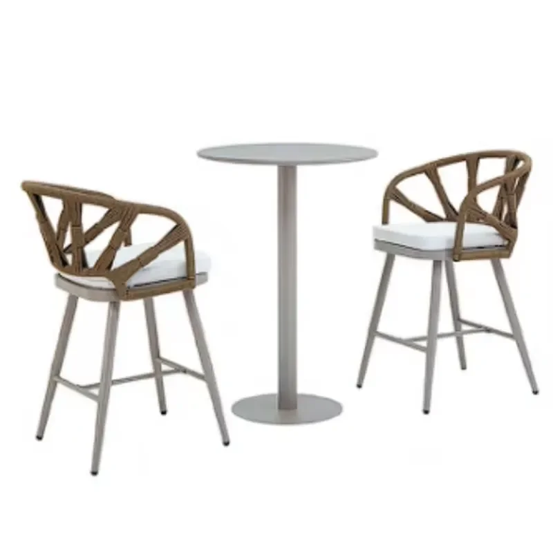 Modern Rattan Hotel Outdoor Durable Steel Frame Bar Furniture Set with Dining Table and Bar Stools for Commercial Use