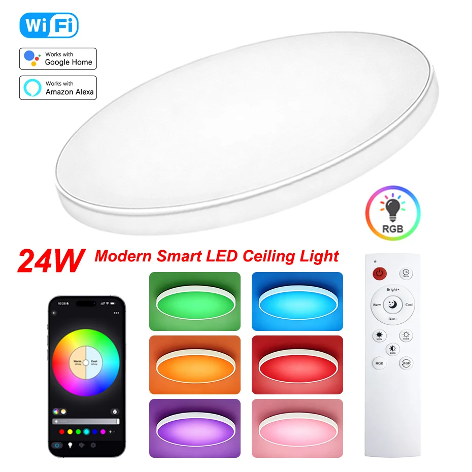 WiFi 24W Modern Smart LED Ceiling Light Ultrathin Surface Mounting Ceiling Lamp with Remote RGB Dimmable APP Alexa Voice Control