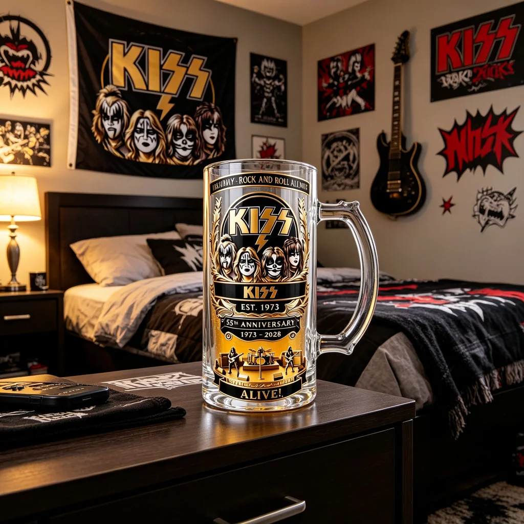 55th Anniversary KISS Rock Band Beer Mug Waterproof Sticker Clear Glass Handle Beer Stein KISS Army Home Bar Decor Fan Gift