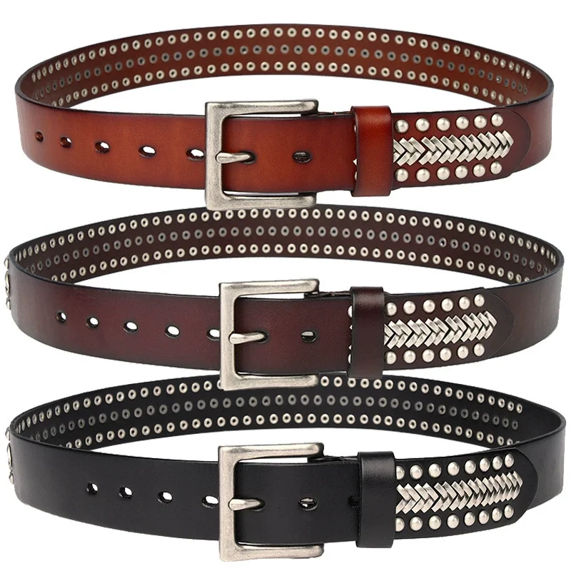 

100% Top Grain Genuine Cowhide Leather Belt Luxury Brand Pin Buckle Belt for Men Fashion Rivet Jeans Belts 3.8cm Width