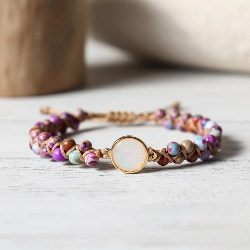 Natural Purple Sea Sediment Jasper Braided Healing Opalite Bracelet Gift Her Him