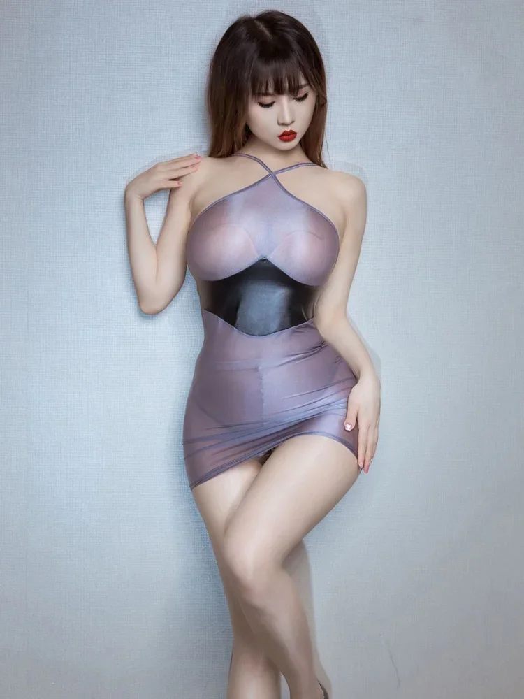 Sexy Package Hip Slip Dress Oil Glossy Sheer See Through Micro Mini Dress Bodycon Pencil Dresses Cheap Backless Dress for Women
