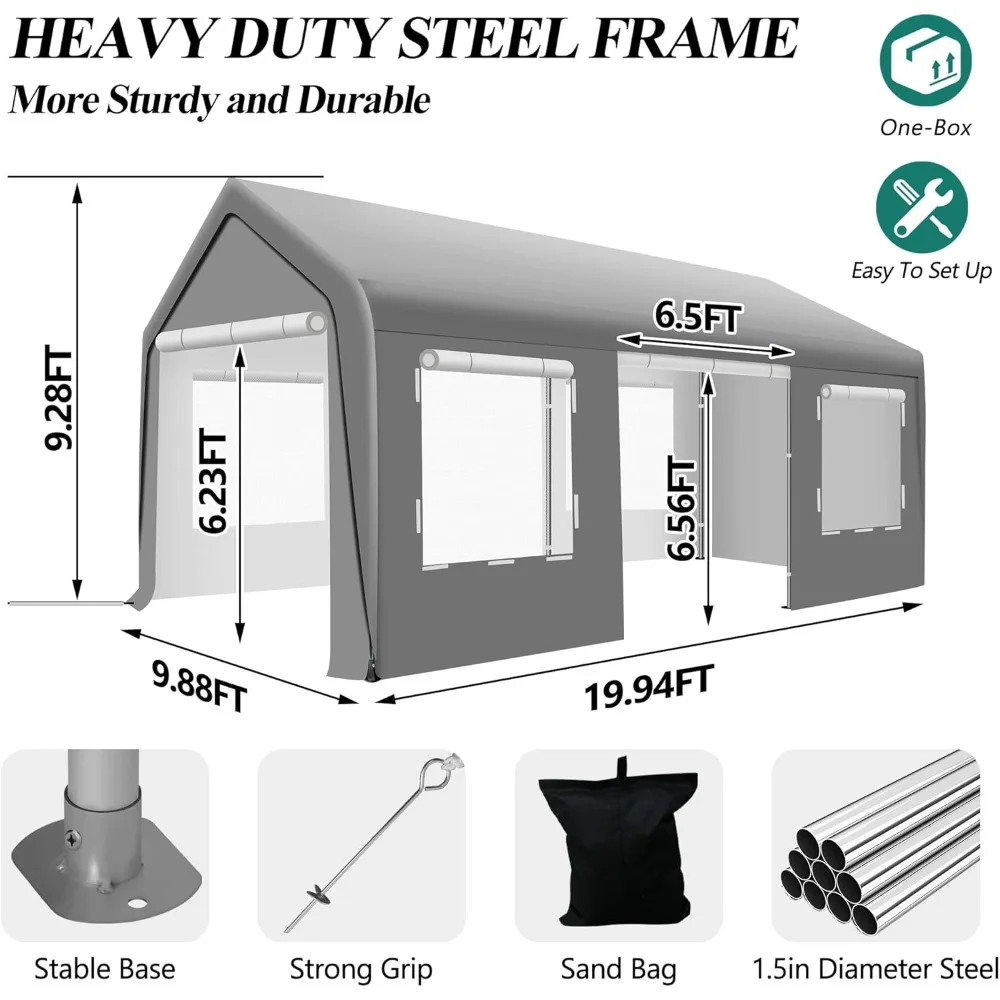 Metal Carport 10x20 FT, Heavy Duty Carport Canopy with Roll-up Ventilated Windows & Side Doors, Metal Carport