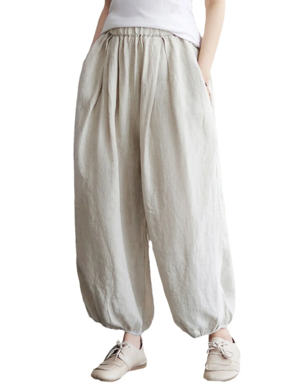 일본식 코튼 린넨 랜턴 바지 여성 솔리드 컬러 루즈 캐주얼 바지 하이 웨이스트 9 포인트 린넨 하렘 바지
