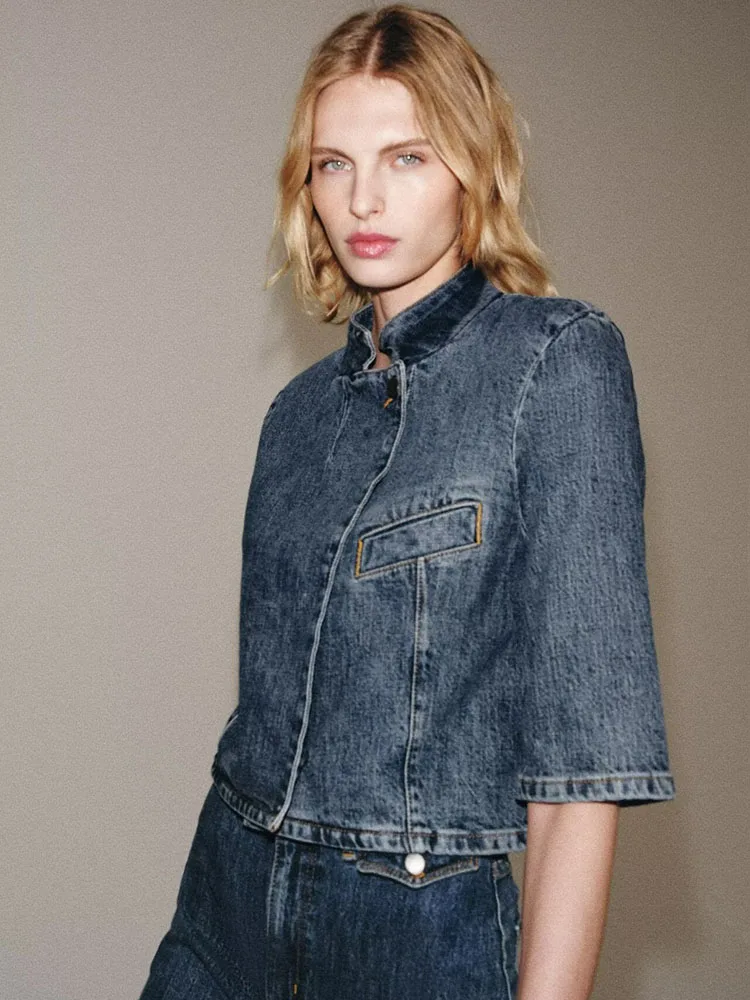 Women's Short Sleeve Denim Jacket New Autumn 2026 Stand Collar Other Material 100% Ladies Fashion Short Coat Jeans Outerwear