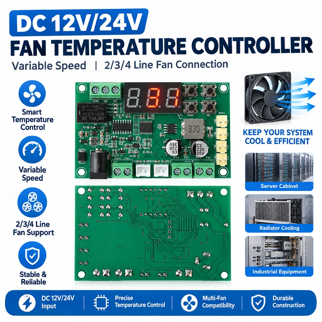 Digital Fan Speed Controller Module for DC 12V/24V 2/3/4-Wire Fans with Temperature Probe and Stepless Voltage Regulation