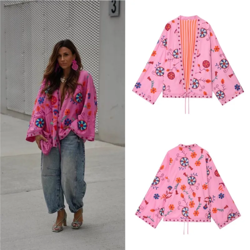 

Женский вышитый кафтан с V-образным вырезом, широкими длинными рукавами, рубашка и блузка с поясом, повседневный шикарный топ для женщин