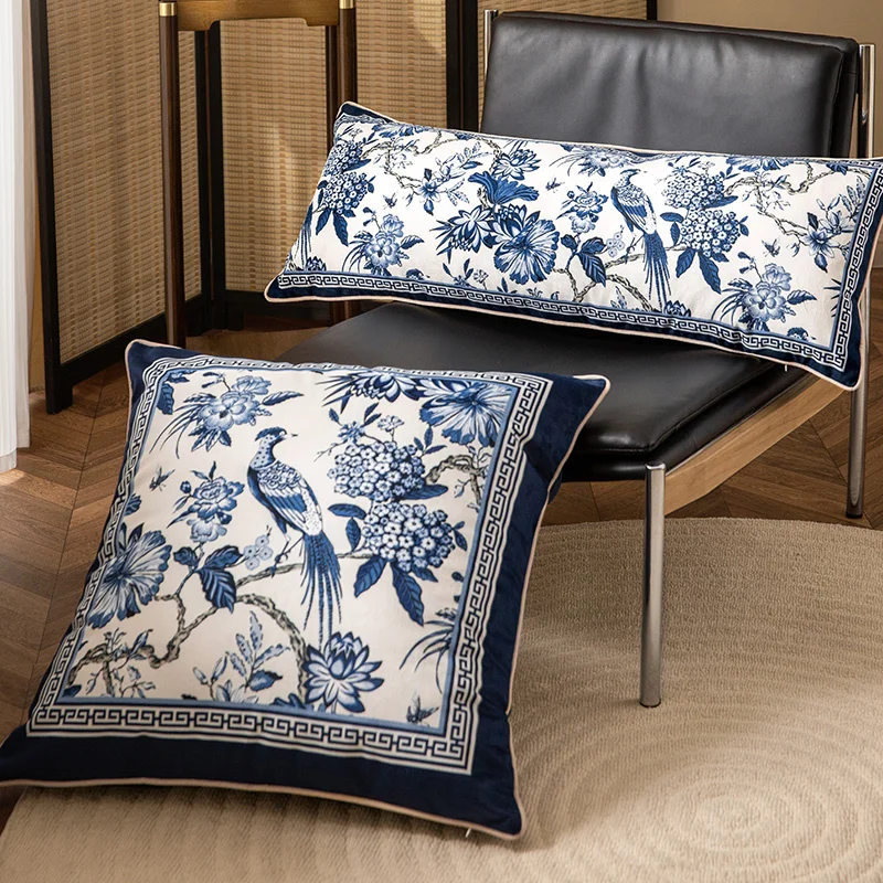 Big Size Cushion Cover Blue White Porcelain Print Throw Pillow Case Square Velvet Pillowcase Luxury Designer Home Decor 65x65cm