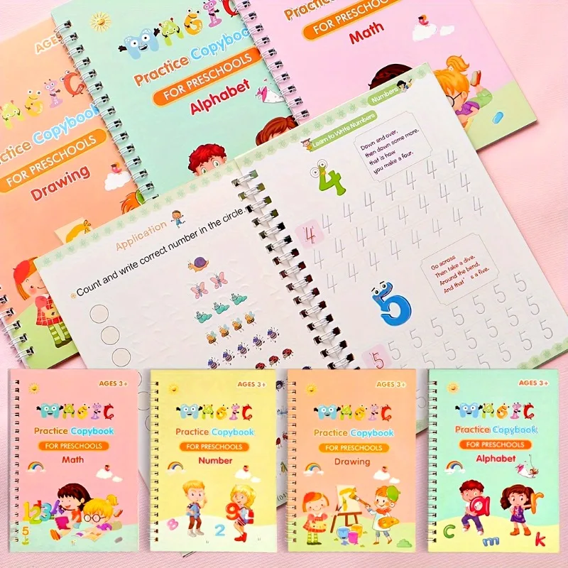 4-Pack Children's Magic Practice Copybooks Set with Pen Reusable 3D Groove Writing Pad Kids Workbooks for Handwriting