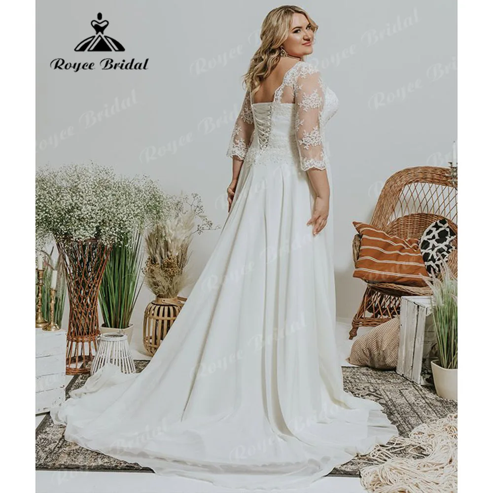 Vintage Long Sleeve Lace Chiffon Boho Plus Size Wedding Dress for Women 2024 Oversized Bridal Gown Custom Made robes de mariée