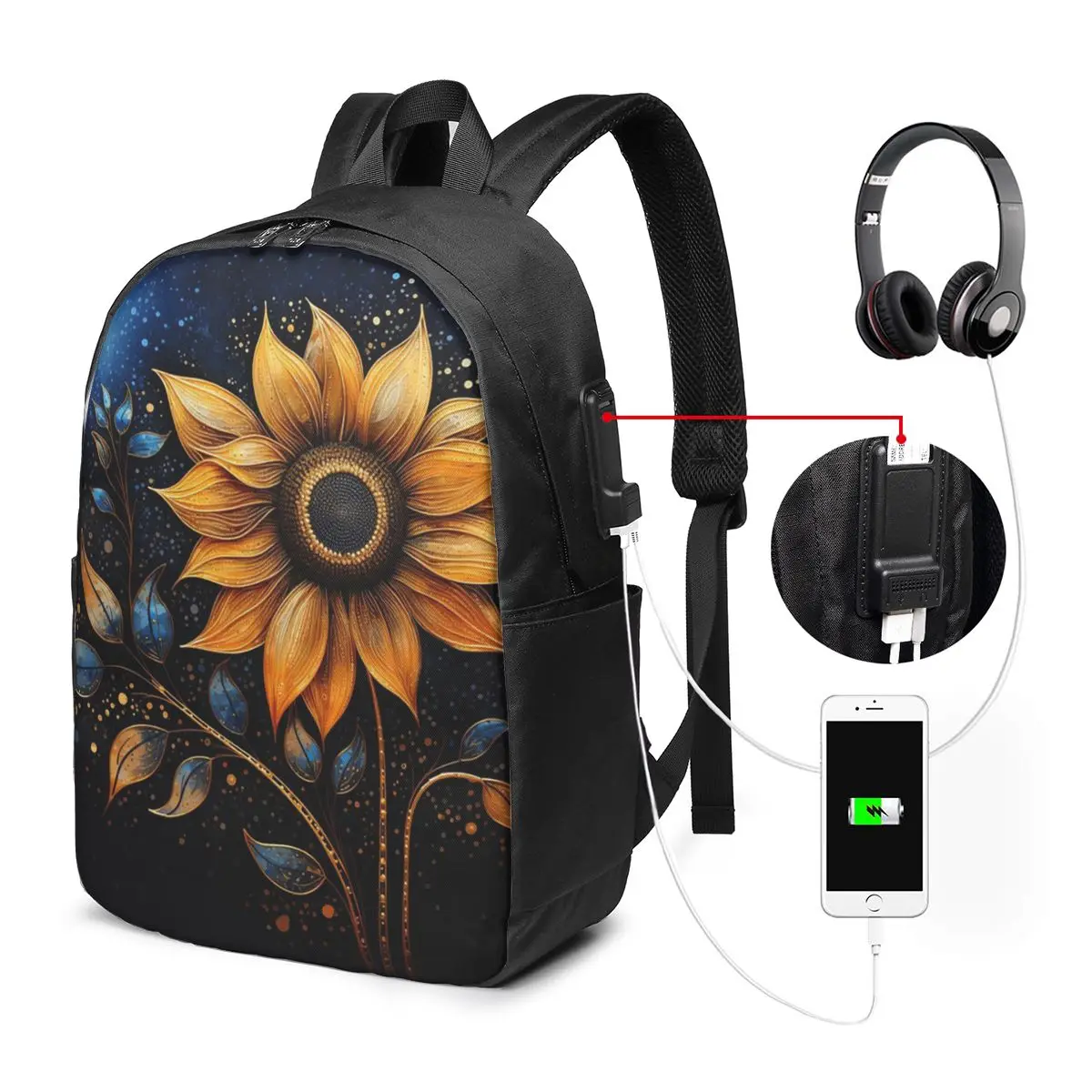 Yellow Sunflower In Dark Design Backpack Travel Notebook Bag Computer College Student School Bag Laptop Shoulder Bags Men Women