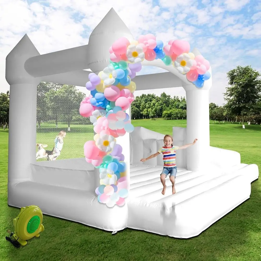 

White Bounce House Iatable Jumping Castle with Slide & Air Blower for Kids, Wedding & Birthday Parties, 17 * 11 * 10FT