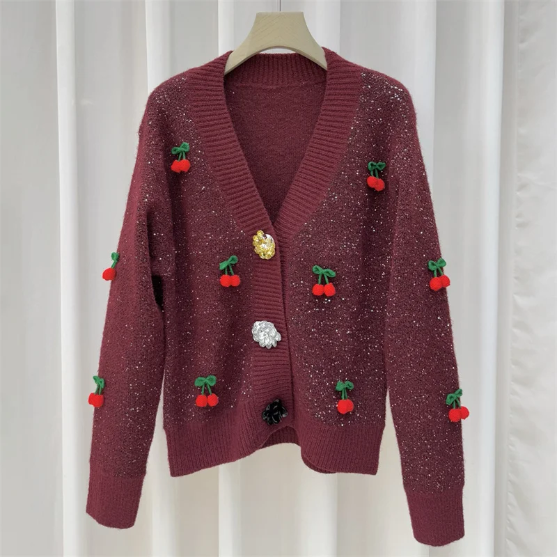 

Cardigan for women New winter 2025 single breasted V-neck long sleeved top 3D cherry decorated women's sweater y2k Women's coat