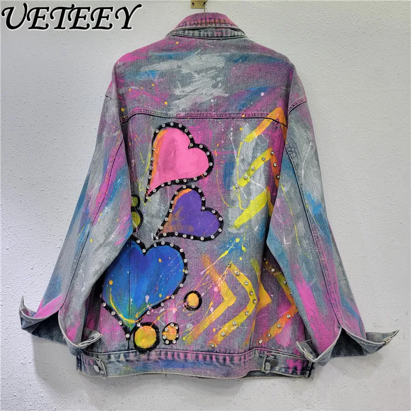 

Fashion Brand Personalized Hand-Painted Diamond Heavy Industry Denim Coat Women Jean Jacket Autumn New Loose Coats Outer Wear