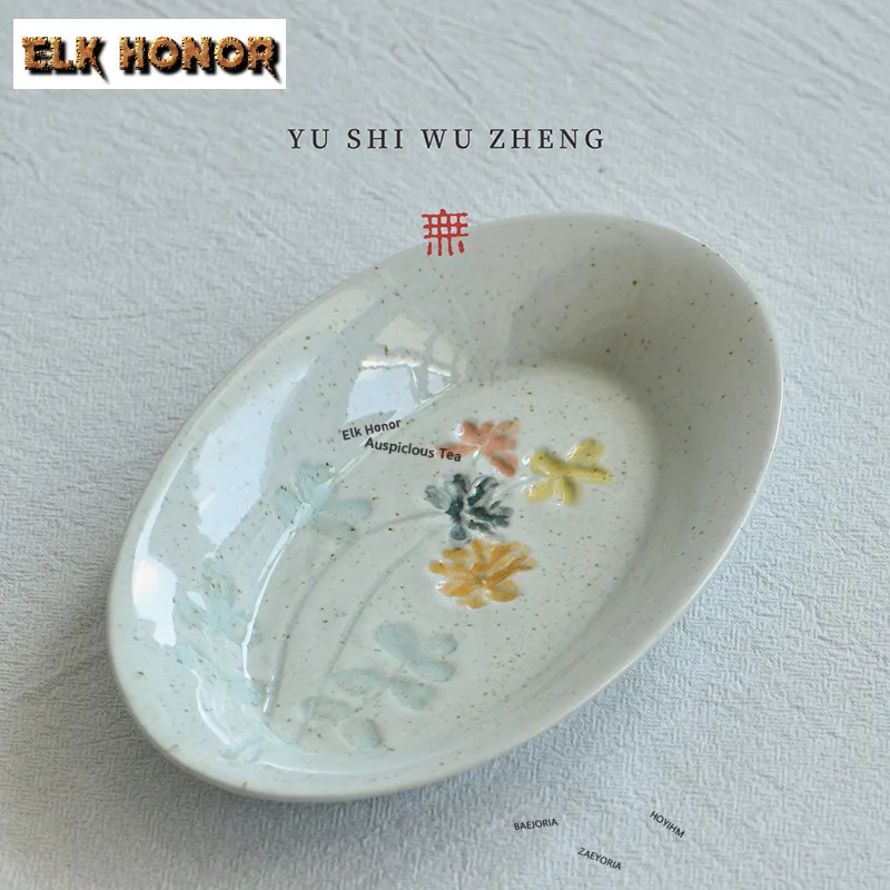ZAEYORIA Printed Hand-painted Oval Stoneware Shallow Plate Japanese Tableware Sushi Plate  Underglaze Ceramic Melon Fruit Plate