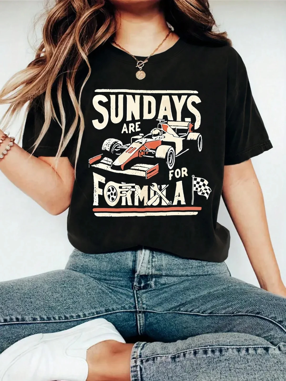 Domingo é para entusiastas de corrida de fórmula moda feminina em torno do pescoço carro de corrida gráfico manga curta camiseta verão
