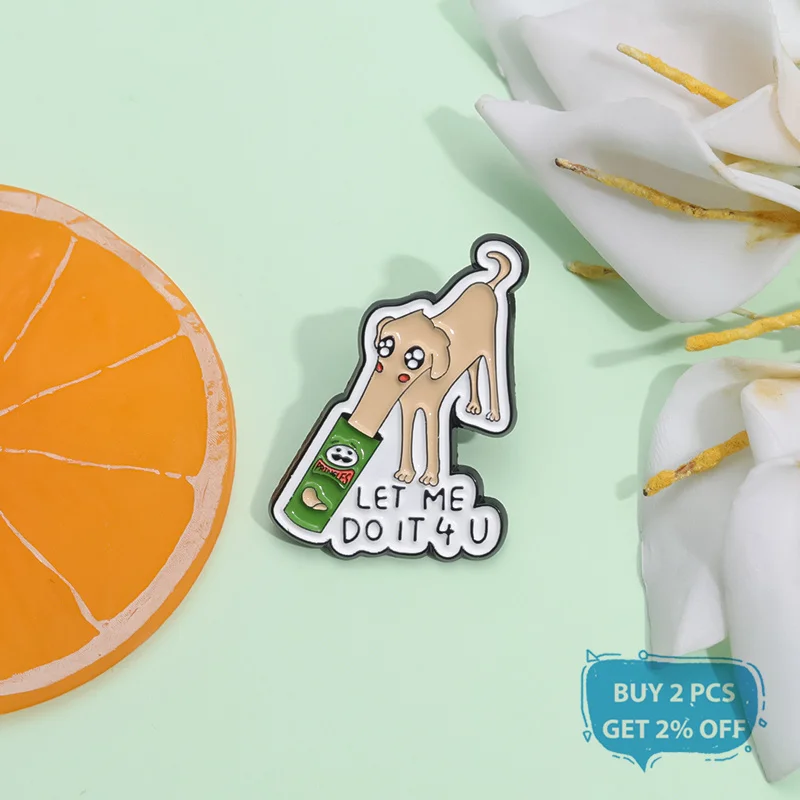 Let Me Do It For You Enamel Pin Cartoon Long Nose Dog Eat Potato Chips Animal Brooch Lapel Badge Jewelry Gift For Friends