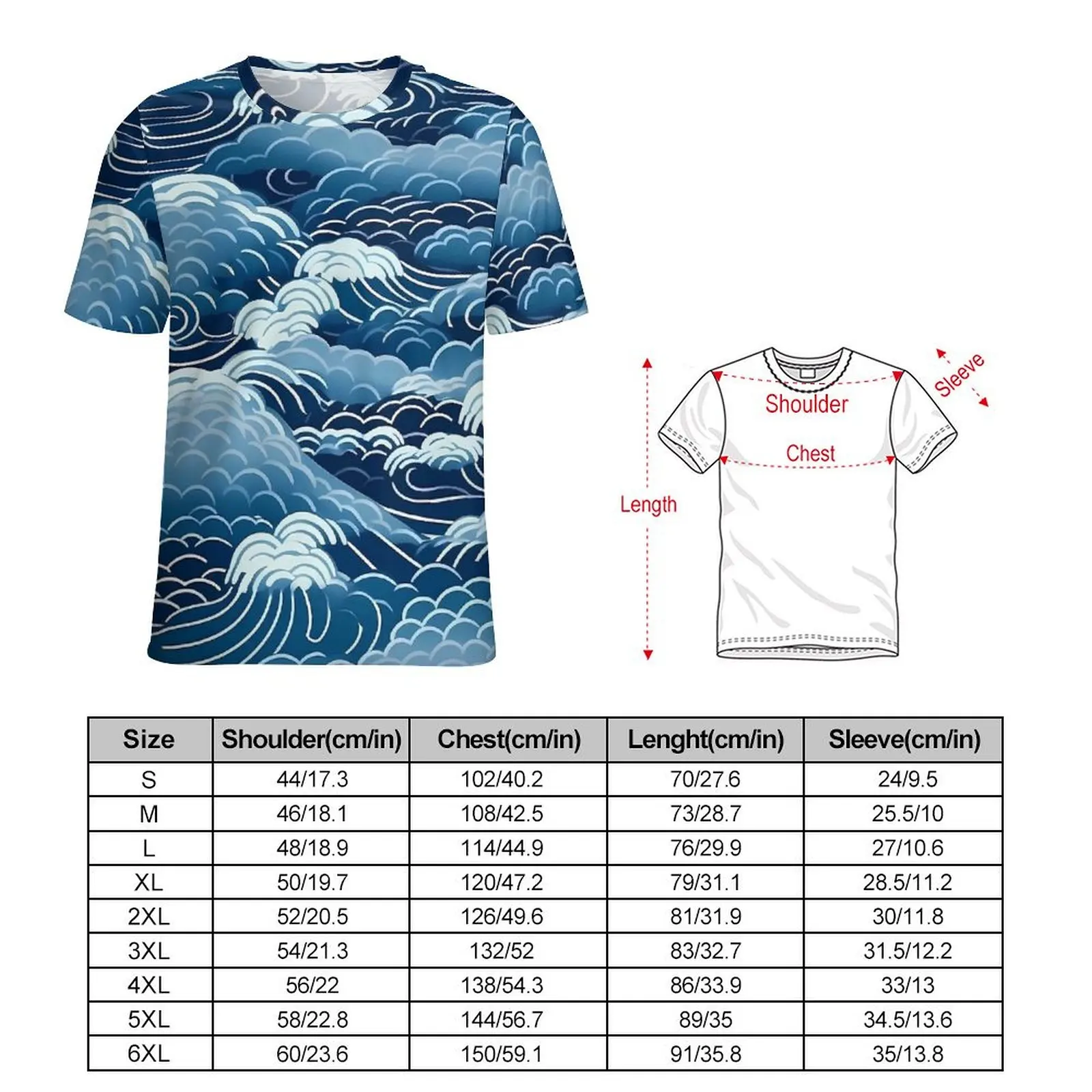 Japanese Seigaiha T Shirt Blue Ocean Waves Hip Hop T-Shirts Short Sleeve Basic Tshirt Summer Custom Clothes Large Size