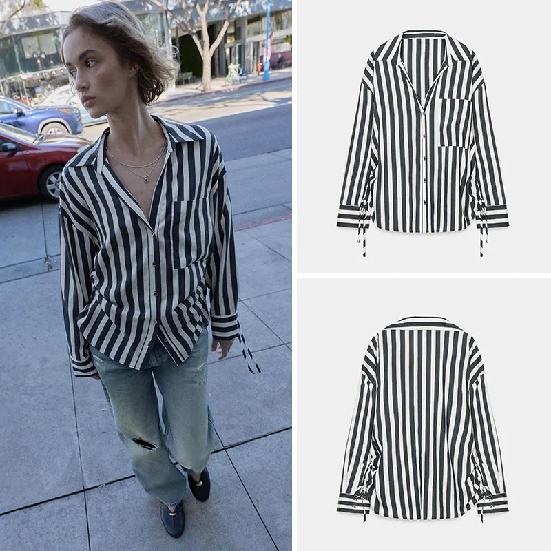 

Spring New Arrival Women's Long Sleeve Striped Shirt Stand Collar Belt Side Slit Casual Fashionable Chinese Style Women's Top