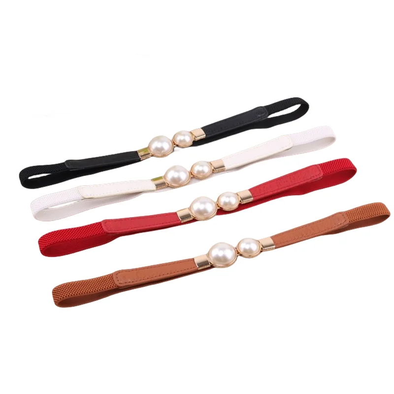 Women's Elastic Waistbands fashion Stretch cummerbunds Thin Peal Double big Pearl belt Tide Black dress accessories