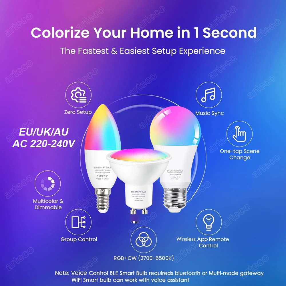 Tuya Smart Life E14 GU10 E27 WiFi Bluetooth Smart Led Light Bulbs 5W RGBCW LED Lamp 220V Ściemnialna lampa świecowa do pokoju — zdjęcie 7