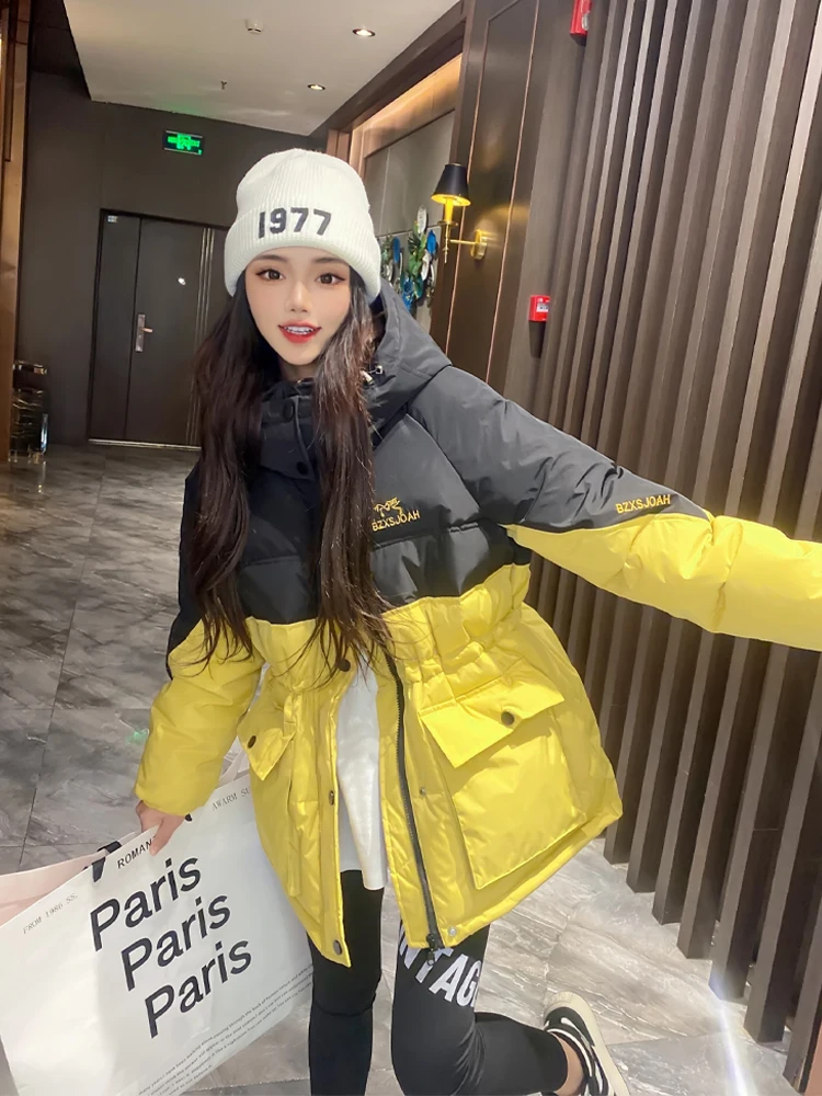 

Loose Splice color Down Cotton Coat Women Long Parka Women 2023 Winter Jacket Female Parkas Hooded Thicken Warm Snow Outwear