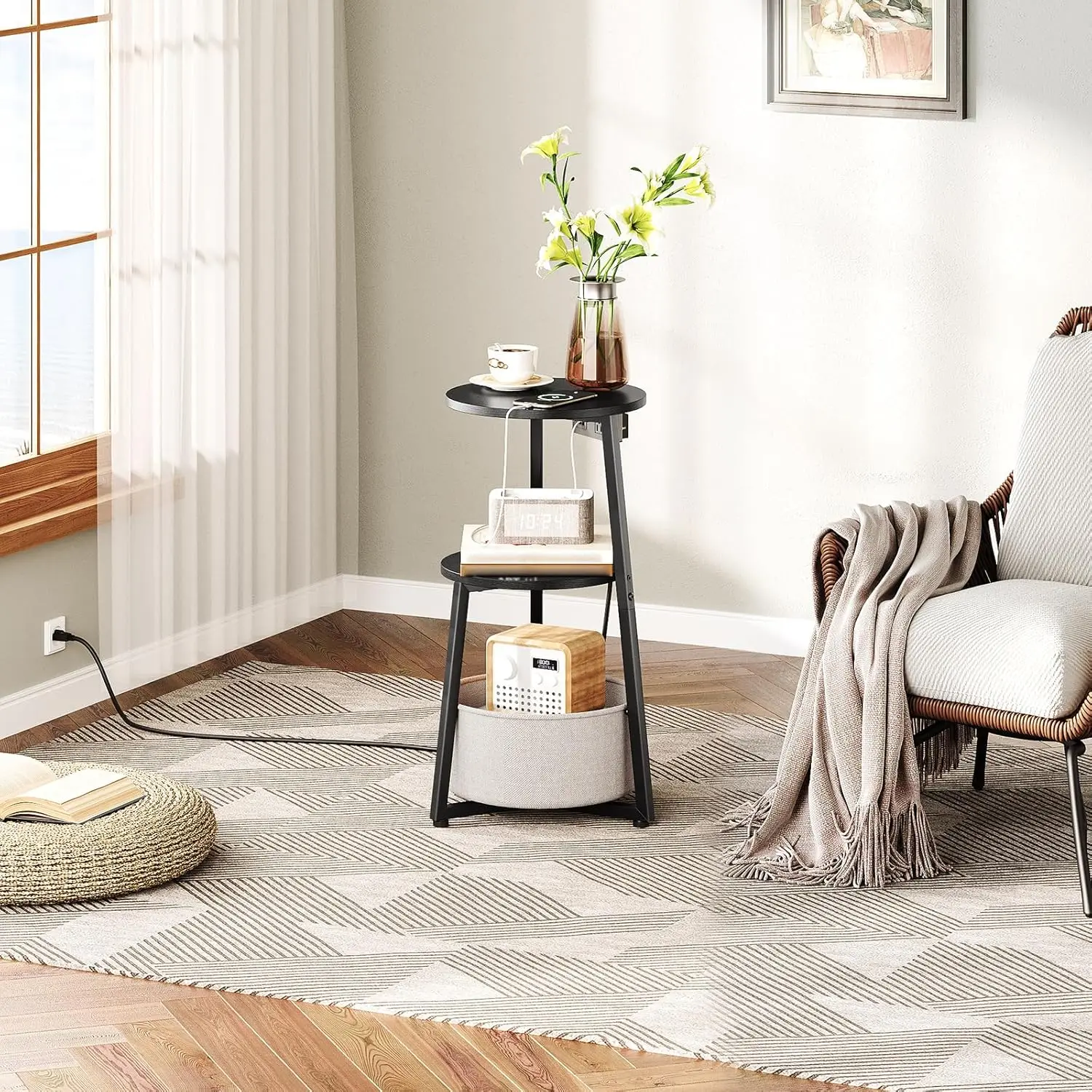 Small Round Side Table with Charging Station, Round End Table with Cotton Linen Storage Basket
