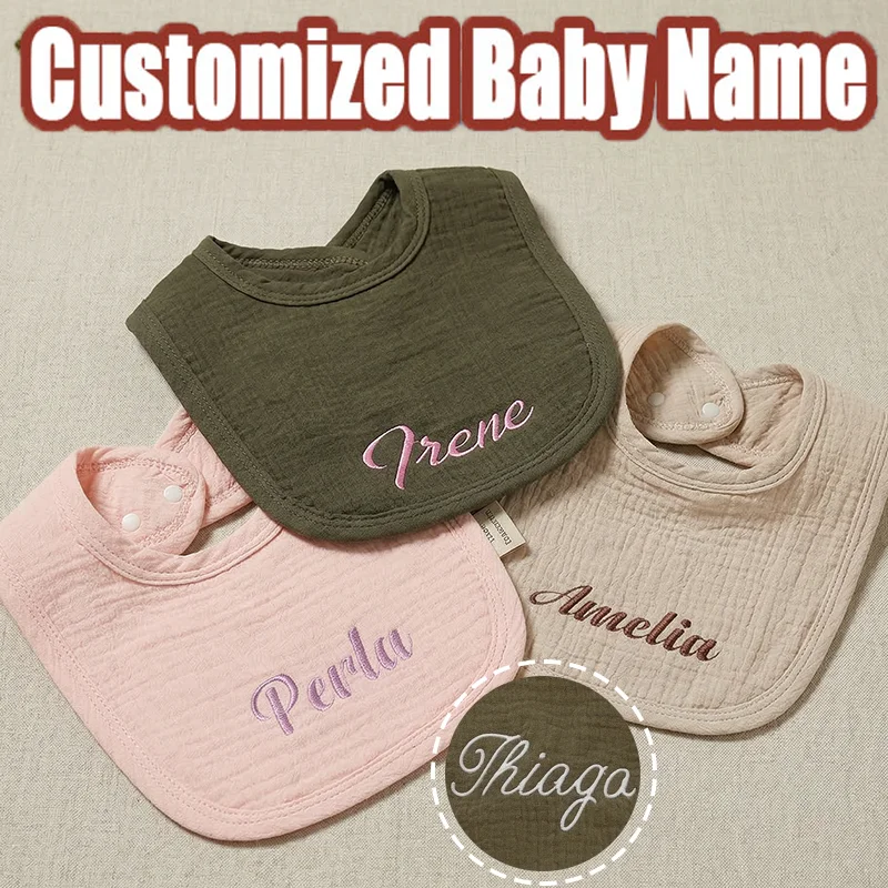 

Универсальный хлопковый слюнявчик с именной вышивкой и кнопкой для кормления малышей, подарок на рождение для мальчиков и девочек