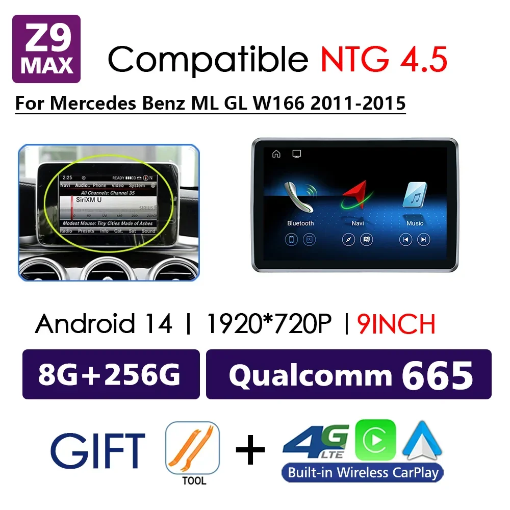 9inch Wireless CarPlay Screen， Mercedes Benz ML GL GLE Class GPS Android Auto Car Multimedia Player Radio Navigation
