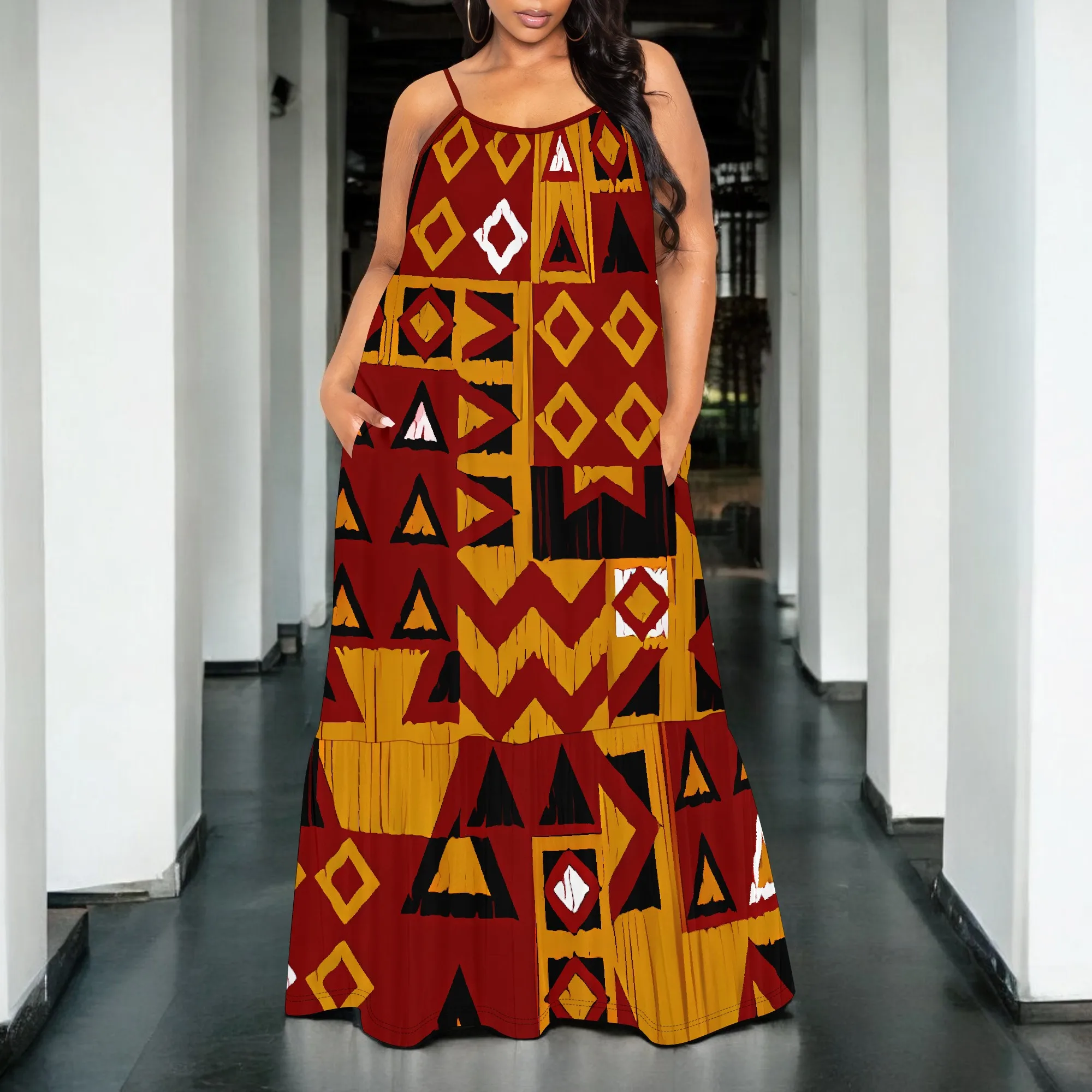 

Boho Tribal Print Spaghetti Strap Maxi Dress Women Summer Sleeveless Holiday Beach Sundress