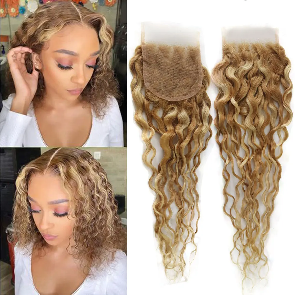 Llinhua Highlight P27/613 Water Wave Transparent Lace Clsoure 4x4 Body Wave Straight Human Hair Closure  Honey Blonde Color