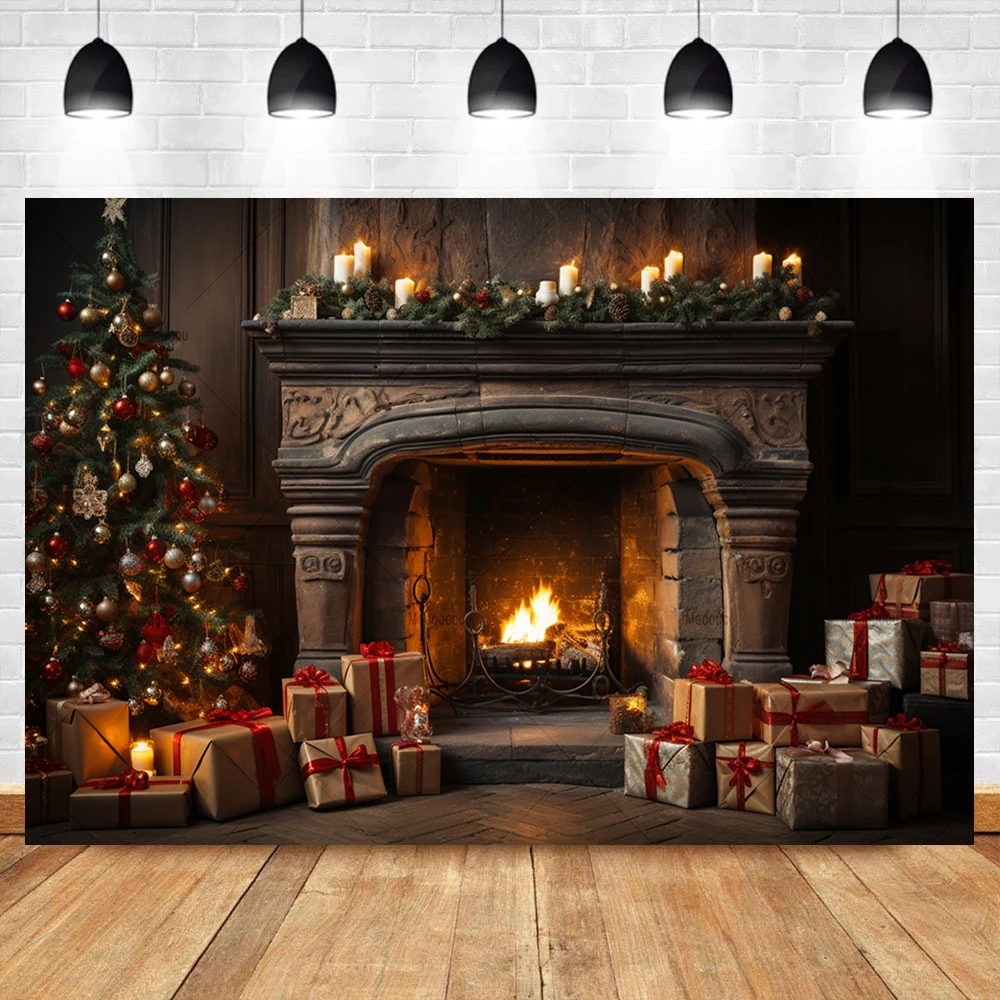 Winter Brick Fireplace Burning Fire Backdrop Custom Merry Christmas Family Party Banner Photography Backgrounds For Photo Studio