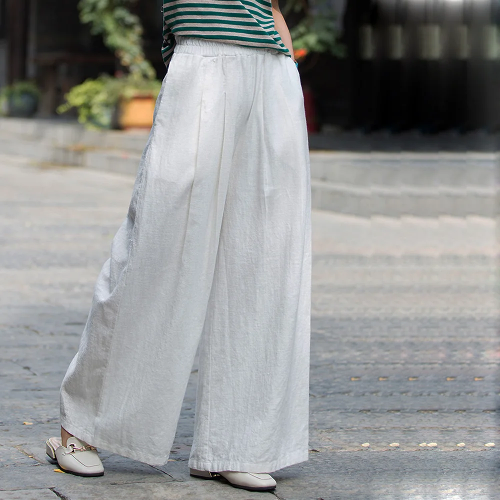 

Spring Summer Cotton Linen Solid Color Broad Leg Pants Ladies Loose Casual Mopping Pants Elastic Waist Lazy Wind Thin Ramie Pant