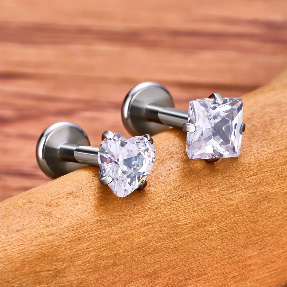 10Pcs/lot G23 Titanium Piercing Heart  CZ Labret Ear Stud Earrings For Women Square Shape Lip Stud Body Jewelry Helix Tragus