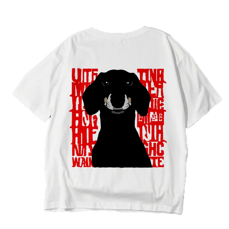 Trendy Casual Style! Dachshund Black & Red Contrast Print Oversized T-Shirt – Versatile for Commuting & Daily Wear!