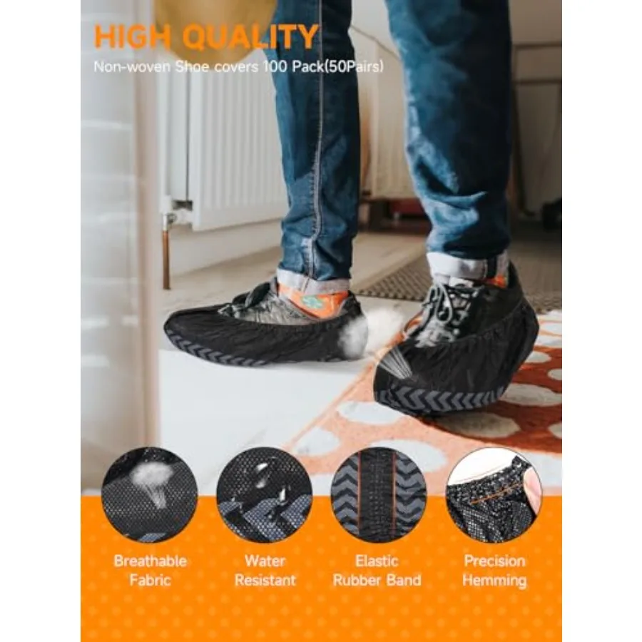 使い捨て滑り止め付き特大ブラックシューズカバー、通気性のある不織布製、屋内用、防水、再利用可能